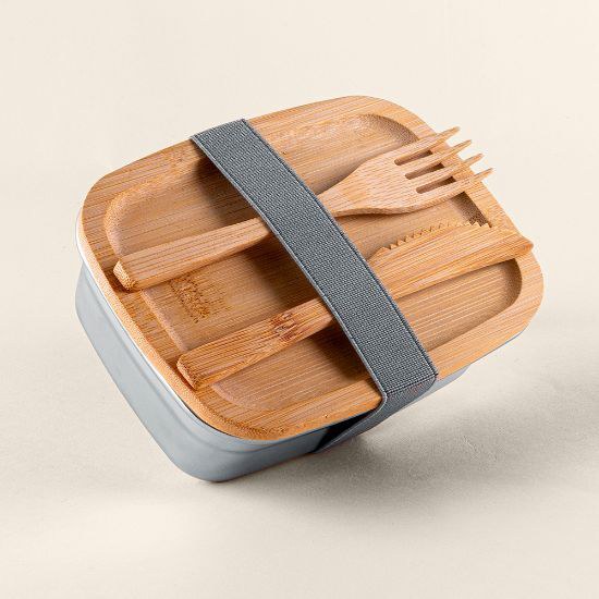 Goya 52038 - Edelstahl Lunchbox mit Bambusdeckel & Besteck, 600ml PEACH