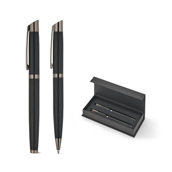 Set comprising 1 ballpoint pen and 1 rollerball pen in aluminium, with blue Dokumental® ink