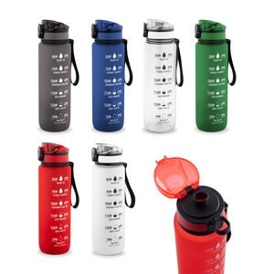 Flasche aus recyceltem PET (100 % rPET) mit motivierenden Sprüchen und Zeitmarkierungen, die zum Wassertrinken anregen - Egotier 94448